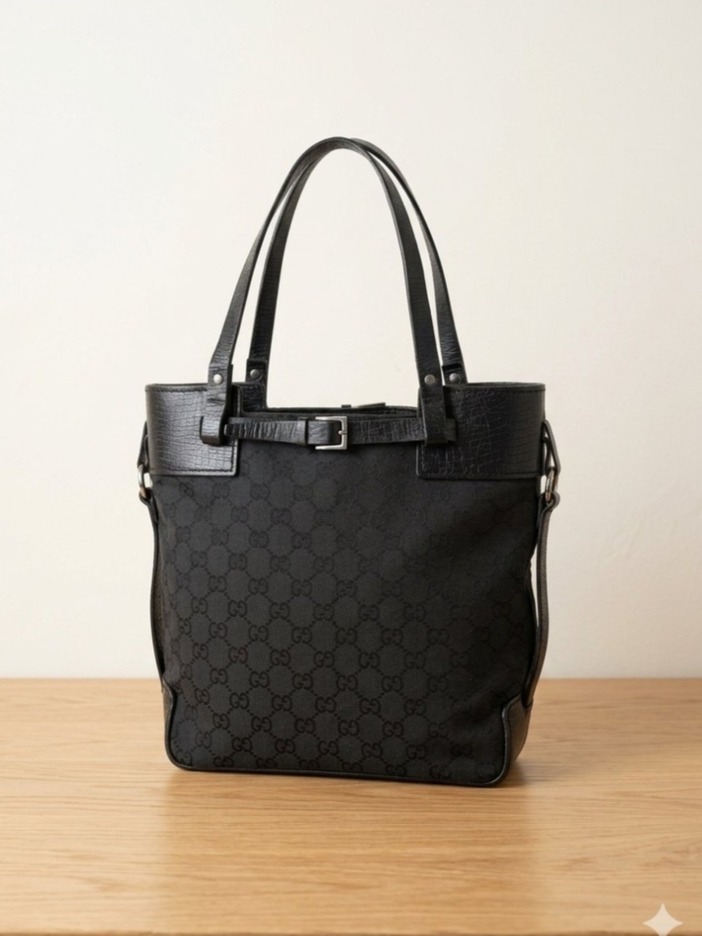 Vintage Gucci Black GG Canvas Belted Tote Bag - Authentic 2000s Era